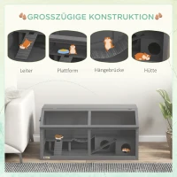 PawHut Klatka dla małych zwierząt z drewna, 100cm Domek dla gryzoni, Klatka dla małych zwierząt, Domek z huśtawką, Drabinki, Otwierany dach, Chatka, Ciemnoszary(m-4)