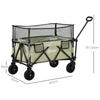 Outsunny Folding Garden Trolley, 180L Wagon Cart with Extendable Side Walls, for Beach, Camping, Festival, Khaki(m-3)