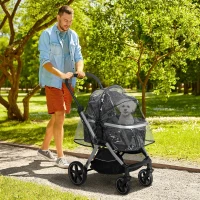 PawHut wózek dla psa z osłoną przeciwdeszczową, wózek dla zwierząt, wózek dla kota ze smyczami bezpieczeństwa, wózek dla małego psa, czarny, 84 x 58 x 110 cm(m-2)