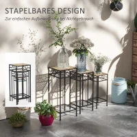 Outsunny Bloemenstandaard, set van 3, rond, stapelbaar, rotanlook, metalen poten, voor binnen en buiten, zwart/goud(m-5)