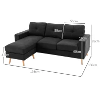 HOMCOM 3-zits hoekbank, linnenlook, omkeerbare chaise longue, 193x136x85 cm, zwart(m-3)