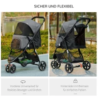 PawHut Hundebuggy Haustierwagen bis 10kg klappbar Regenschutz 2 Sicherheitsleinen 83cm x 55cm x 101cm Grau + Schwarz(m-6)