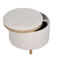 HOMCOM Stołek otomana ze schowkiem, okrągły stołek ze składanym siedziskiem, drewniane nogi, nowoczesny, do salonu, sypialni, biały, Ø56 x 42 cm(m-9)