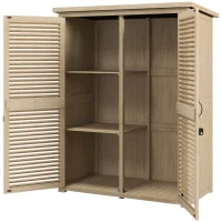 Outsunny Armário de Jardim de Madeira 0,83 m² 127x65x168 cm com 2 Portas de Persiana 2 Prateleiras 2 Alças e Telhado Impermeável Natural(m-11)