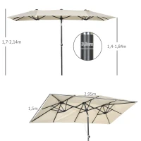 Outsunny Parasol, 150 x 295cm, Parasol ogrodowy z podwójnym daszkiem i regulowanym kątem nachylenia, Parasol rynkowy na taras, Poliester, Kremowy(m-3)