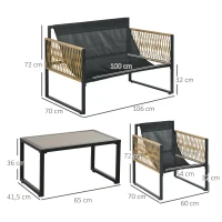 Outsunny Tuinmeubelset, 4-delig, bank, 2 stoelen, tafel met glazen blad, metalen frame, polyrattan, antraciet(m-3)