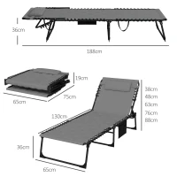Outsunny Zonnebed Ligstoel Tuinligstoel, inklapbaar, inclusief kussen, weerbestendig; 188 cm x 65 cm x 36 cm, Grijs + Zwart(m-3)
