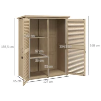 Outsunny Armário de Jardim de Madeira 0,83 m² 127x65x168 cm com 2 Portas de Persiana 2 Prateleiras 2 Alças e Telhado Impermeável Natural(m-3)