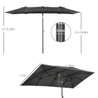 Outsunny Parasol, 150 x 295cm, Parasol ogrodowy, Podwójny parasol z regulowanym kątem nachylenia, Parasol rynkowy na taras, Poliester, Szary(m-3)