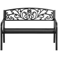 Outsunny Ławka Ogrodowa Metalowa z Wzornictwem Kwiatowym, 2-osobowa, Nośność 240 kg, Stal, 127D x 60S x 87W cm, Czarny(m-1)