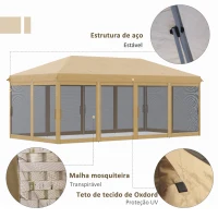 Outsunny Tenda para Festas 6x3 m Tenda de Jardim com 6 Mosquiteiros Bolsa de Transporte e Estrutura de Aço para Campismo Festas Bege(m-4)
