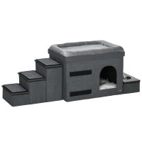 PawHut Cat House Cat Cottage Cat Cave, 3 Pet Stairs, 2 Food Bowls, 70 x 50 x 51 cm, Gray