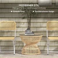 Stolik boczny Outsunny z rattanu, Ø60 cm, stolik kawowy ogrodowy z hartowanym blatem ze szkła, stolik balkonowy w stylu boho, stolik kawowy do ogrodu, balkonu, drewno naturalne(m-4)