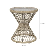 Outsunny Coffee Table Side Table Boho Design, Glass Top, PE Rattan, 45 cm x 45 cm x 52 cm, Natural(m-3)