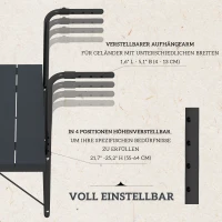 Outsunny Stolik balkonowy do zawieszenia, składany, regulowany na wysokości, rama aluminiowa, blat z tworzywa sztucznego, wykończenie drewna, czarny(m-4)