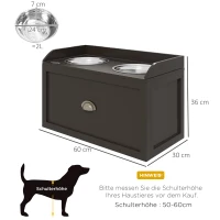 PawHut Verhoogde voerbakstation met 2 voerbakken, 2 roestvrijstalen kommen, 1 opbergruimte, 60 x 30 x 36 cm, Bruin(m-3)