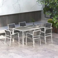 Outsunny Conjunto de Refeição de Jardim de 7 Peças com 1 Mesa e 6 Cadeiras Empilháveis Estilo Moderno Branco e Cinza(m-2)