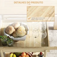 Outsunny Carrinho de Madeira com Rodas com 2 Prateleiras 4 Porta-copos e Alça para Jardim Terraço Pátio 78x58,5x75 cm Natural(m-6)