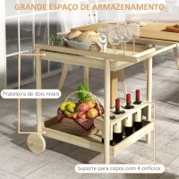 Outsunny Carrinho de Madeira com Rodas com 2 Prateleiras 4 Porta-copos e Alça para Jardim Terraço Pátio 78x58,5x75 cm Natural(m-4)