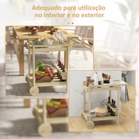 Outsunny Carrinho de Madeira com Rodas com 2 Prateleiras 4 Porta-copos e Alça para Jardim Terraço Pátio 78x58,5x75 cm Natural(m-7)
