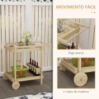 Outsunny Carrinho de Madeira com Rodas com 2 Prateleiras 4 Porta-copos e Alça para Jardim Terraço Pátio 78x58,5x75 cm Natural(m-5)