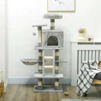 PawHut 132cm Cat Tree with Scratching Post, House, Hammock, Toy Balls - Grey(m-8)