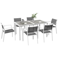 Outsunny Conjunto de Refeição de Jardim de 7 Peças com 1 Mesa e 6 Cadeiras Empilháveis Estilo Moderno Branco e Cinza(m-10)