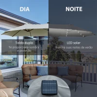 Outsunny Chapéu de Sol Duplo de Jardim com 48 Luzes LED Solar 450x265x240cm com Manivela Proteção Solar para Terraço Cinza Claro(m-4)