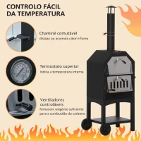 Outsunny Forno de Pizza Exterior com 2 Camadas Forno a Lenha com Rodas Gaveta Removível Prateleira para Jardim 64x54x160 cm Preto(m-5)