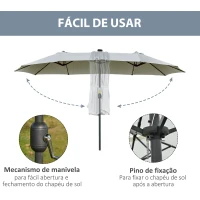 Outsunny Chapéu de Sol Duplo de Jardim com 48 Luzes LED Solar 450x265x240cm com Manivela Proteção Solar para Terraço Cinza Claro(m-6)