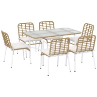Outsunny Conjunto de Refeição de Vime Sintético Jogo de 7 Peças Inclui 6 Cadeiras Empilháveis com Almofadas e Mesa de Vidro Natural(m-11)