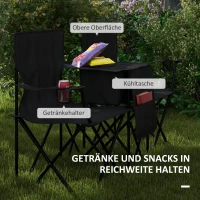 Outsunny Podwójne krzesło campingowe, przenośne krzesło składane z dwoma stolikami, uchwytami na napoje i kieszeniami na przechowywanie, krzesło ogrodowe dla 2 osób, kolor czarny(m-5)