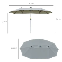 Outsunny Chapéu de Sol Duplo de Jardim com 48 Luzes LED Solar 450x265x240cm com Manivela Proteção Solar para Terraço Cinza Claro(m-3)