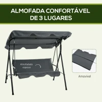 Outsunny Baloiço de Jardim de 3 Lugares com Almofada Toldo Ajustável e Estrutura de Aço para Balcão Terraço 172x110x153 cm Cinza(m-7)