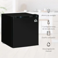 HOMCOM Nevera Eléctrica Pequeña 46L de Capacidad Mini Bar con Rejilla Ajustable Compartimento Congelador y Puerta Reversible Bajo Consumo 44,5x46,5x49,8 cm Negro(m-7)