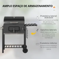 Outsunny Barbecue a Carvão com Rodas Tampa Grelhas de Aço Inoxidável Termômetro Bandeja Lateral e Prateleira 113x65x108 cm Preto(m-8)