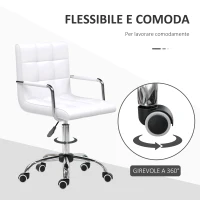 HOMCOM Sedia da Ufficio in pelle PU Bianca con 5 Ruote Girevoli, Imbottitura e Altezza Regolabile, 52.5x54x84-99cm(m-5)