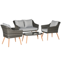 Outsunny Salon Jardin 4 Pièces Noir Et Gris - Canapé 2 Places + 2 Fauteuils + Table Basse - 8 Coussins Déhoussables - Acier Et Polyester
