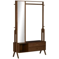 HOMCOM Móvel Cabide de Entrada com Banco Espelho 2 Gavetas 4 Ganchos Barra e Compartimento de Armazenamento 113x33x169,5cm Marrom(m-10)