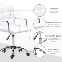 HOMCOM Sedia da Ufficio in pelle PU Bianca con 5 Ruote Girevoli, Imbottitura e Altezza Regolabile, 52.5x54x84-99cm(m-6)