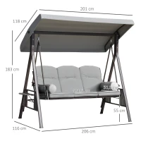 Outsunny Banco Baloiço de Jardim de 3 Lugares com Teto 2 Almofadas Suporte para Bebidas e Estrutura de Metal para Terraço Balcão Exterior Carga Máxima 360kg 206x116x183cm Cinza(m-3)