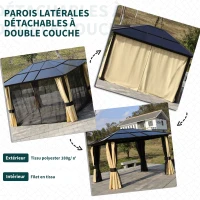 Outsunny Pavillon de jardin tonnelle rigide 4 x 3 m 4 parois latérales anti-UV beige 4 moustiquaires zippées éclairage LED solaire alu polycarbonate noir marron(m-7)