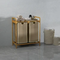 HOMCOM Kosz na bieliznę z 2 workami na pranie, 1 półką, bambus, 63,5 cm x 33 cm x 73 cm, Jasnoszary + Naturalny(m-2)