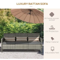 Outsunny Canapea pentru Exterior Gradina sau Terasa cu 3 locuri dim Ratan cu perne si dungi, Gri 173x68x78cm(m-4)