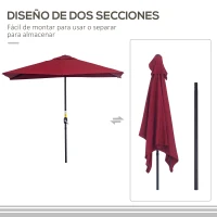 Outsunny Sombrilla Rectangular 230x130x245 cm Parasol para Pared Media Sombrilla con Manivela Protección UV 30+ Impermeable Sombrilla para Balcón Terraza Jardín Rojo(m-7)