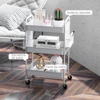 HOMCOM Carrito Auxiliar con Ruedas Carro de Almacenamiento con 3 Bandejas 2 Cestas Colgantes y 6 Ganchos 53,5x30,5x75 cm Blanco(m-6)