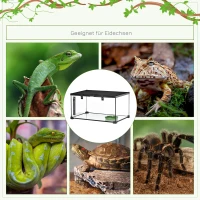 PawHut Skrzynia dla Gadów Terrarium, w zestawie Termometr w Paski, Klapki do Karmienia, 50 cm x 30 cm x 25 cm, Szkło + Metal, Czarny(m-9)