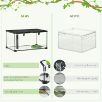 PawHut Skrzynia dla Gadów Terrarium, w zestawie Termometr w Paski, Klapki do Karmienia, 50 cm x 30 cm x 25 cm, Szkło + Metal, Czarny(m-8)