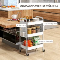 HOMCOM Carrito Auxiliar con Ruedas Carro de Almacenamiento con 3 Bandejas 2 Cestas Colgantes y 6 Ganchos 53,5x30,5x75 cm Blanco(m-4)