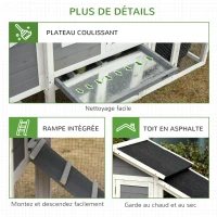 PawHut Poulailler cottage cage à poules surélevé dim. 176L x 65l x 100H cm multi-équipement toit bitumé noir bois sapin gris blanc(m-7)